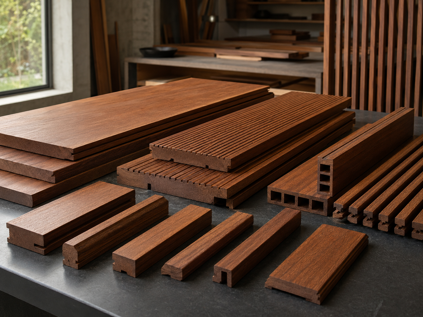 Custom-milled IPE boards, grooves, trim, and slatted profiles