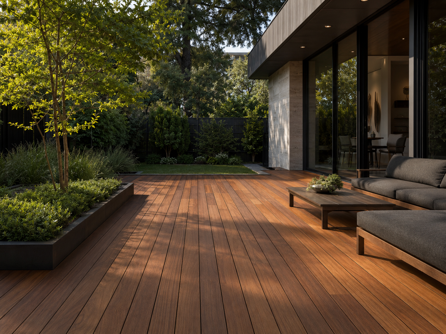 Warm IPE hardwood deck at a modern residence
