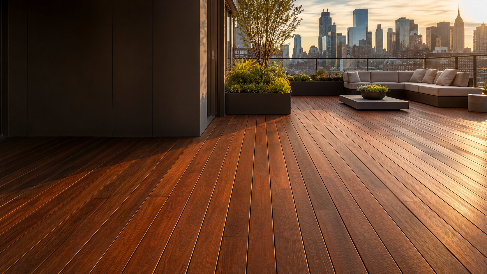 Sunlit premium IPE wood decking in a New York rooftop setting